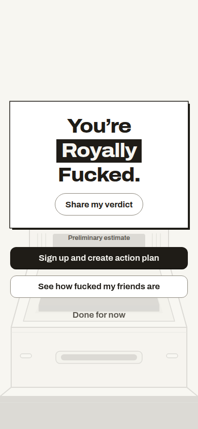 The current verdict reveal showing an illustrative Royally fucked result.